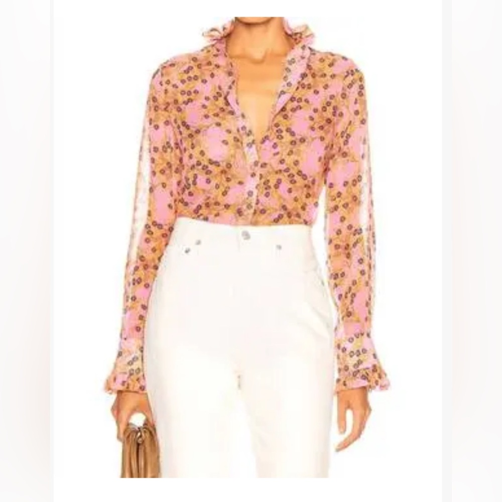 EUC Alexis long sleeve floral size Large blouse women’s ruffled high neck cuff